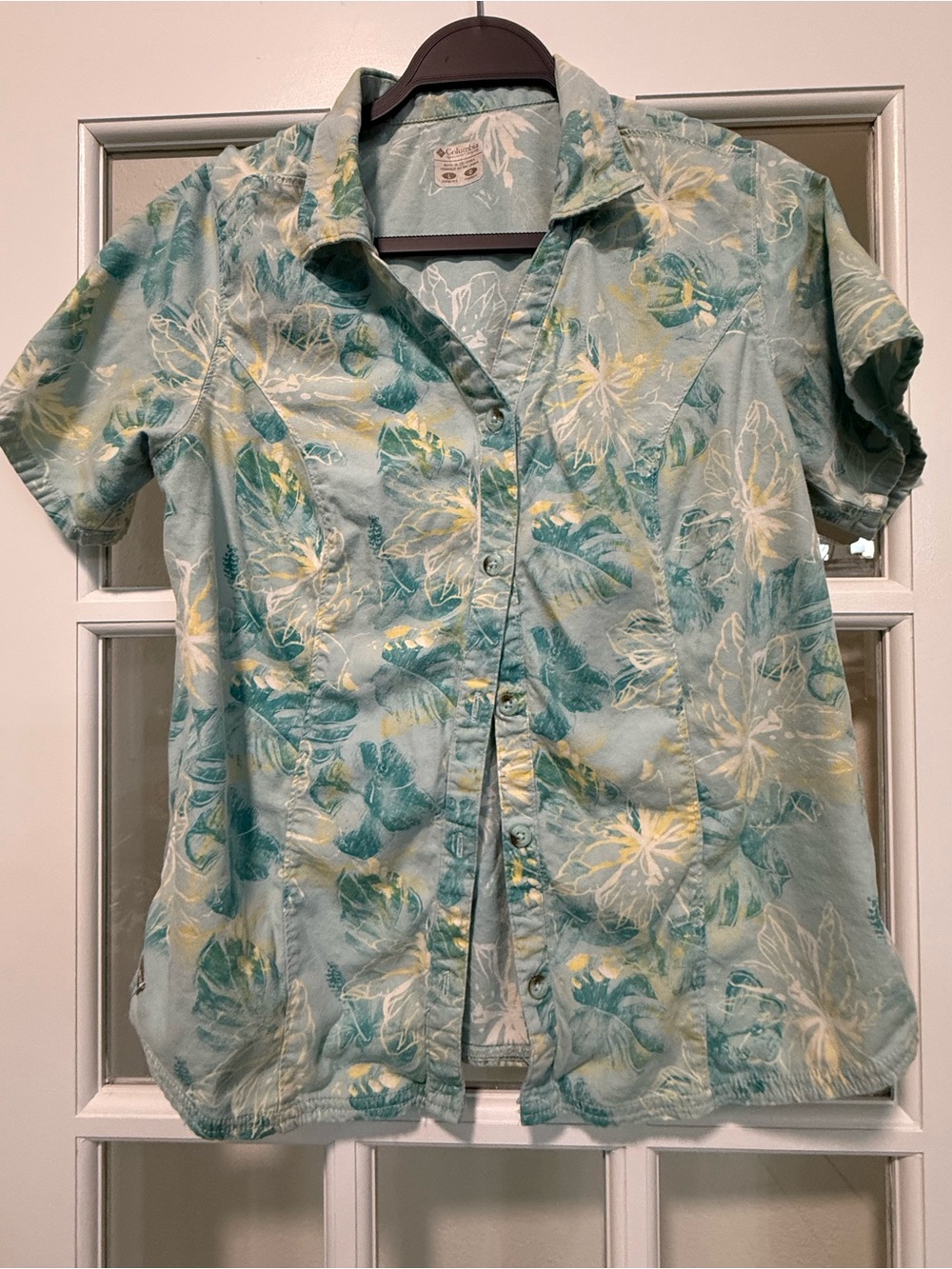 Columbia Light Teal Cotton Large Floral Button-Up Top